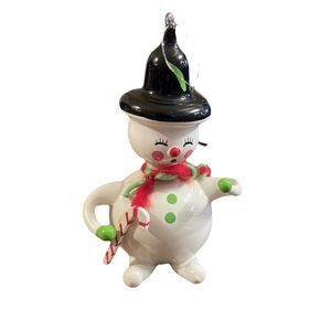 Vintage Glass SNOWMAN in HAT w CANDY CANE Christmas Ornament De Carlini Italy